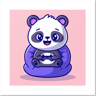 Cute Panda On Playing Game Cartoon Posters and Art